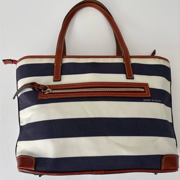 Dooney & Bourke Blue White Striped Tote Bag Leather Trim Classic - Picture 7 of 10
